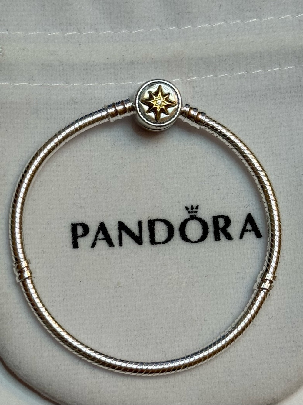 Pandora Silver Bracelet with Gold Star Clasp - Two-Tone Charm Bangle 17 CM